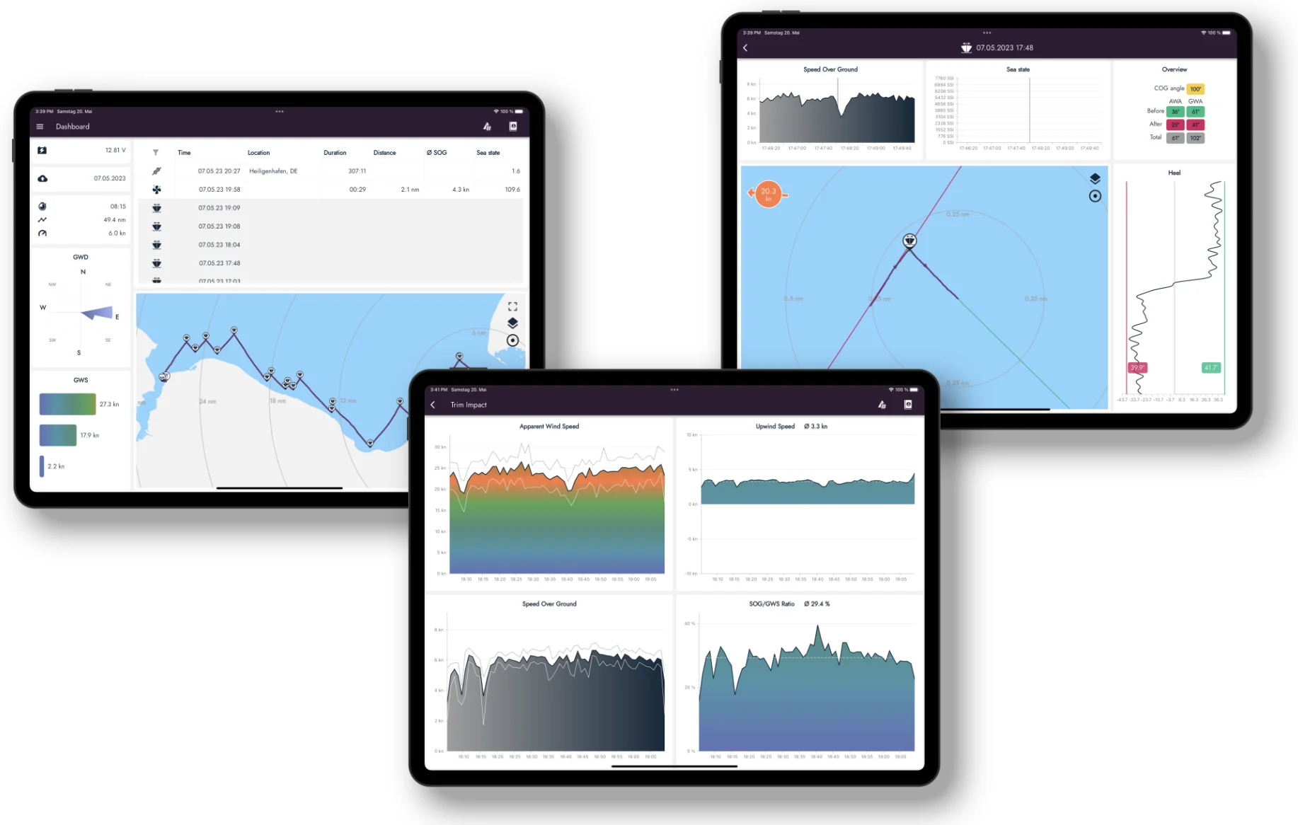 Three tablets displaying different Smartboatia app screens, showcasing sailing analytics, GPS tracking, and performance data for optimized boat navigation