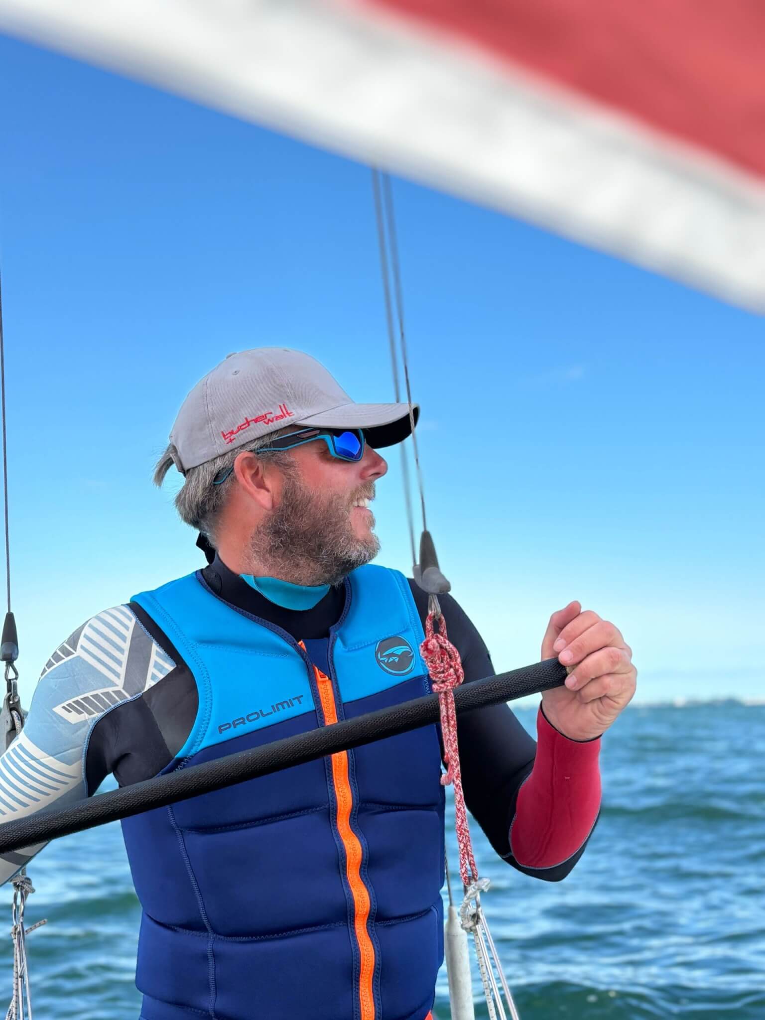 Sailing man wearing a cap and sunglasses 