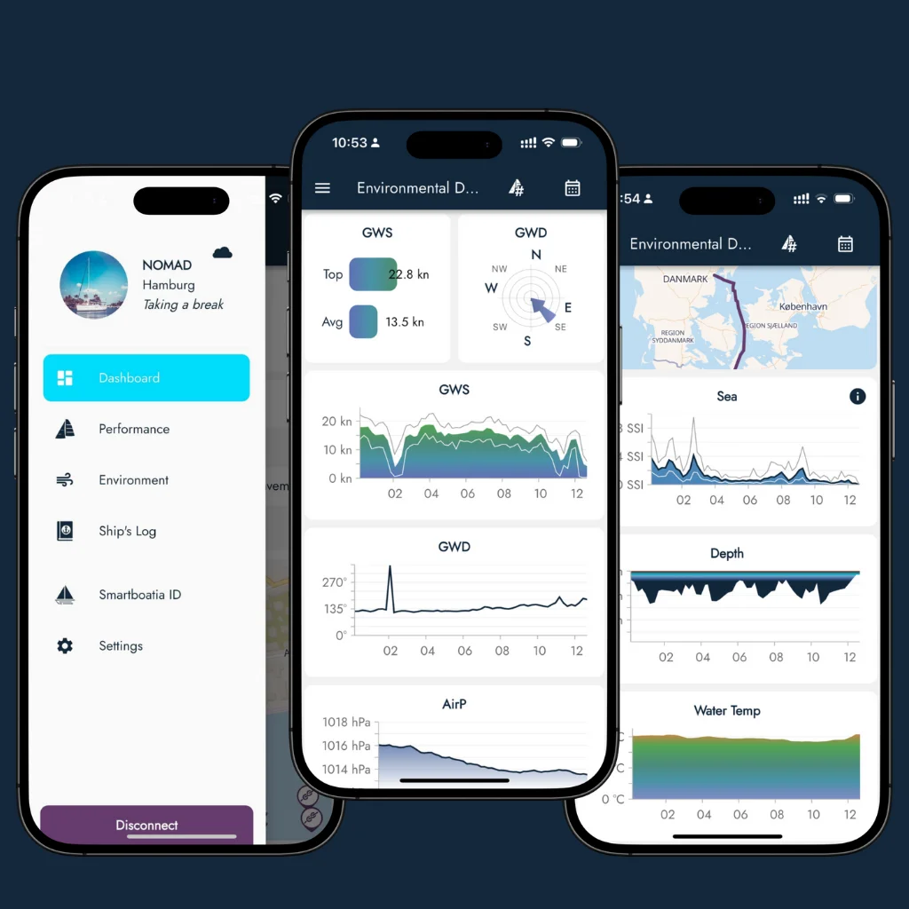Three screenshots of the smartboatia app