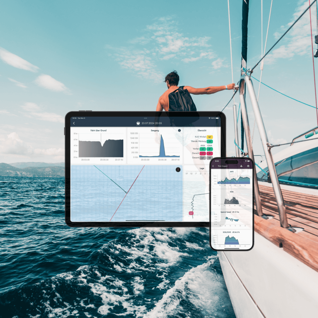 Sailor enjoying the view on a yacht at sea, with Smartboatia app interface displayed on iPhone and iPad mockups – showcasing remote boat monitoring, AI-powered sailing insights, and digital logbook features.