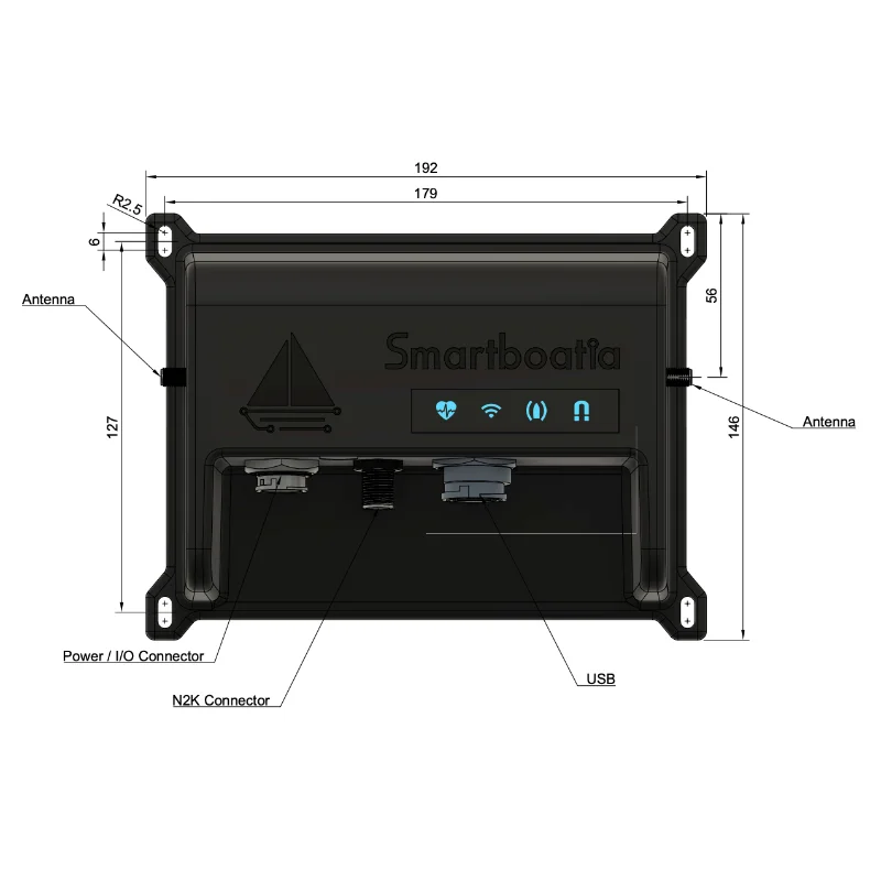 Smartboatia Hub dimensions and port layout in technical drawing view 