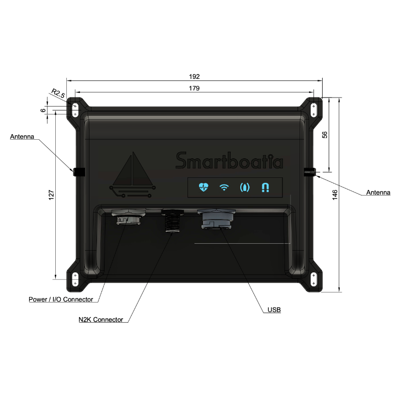 Smartboatia Hub dimensions and port layout in technical drawing view 