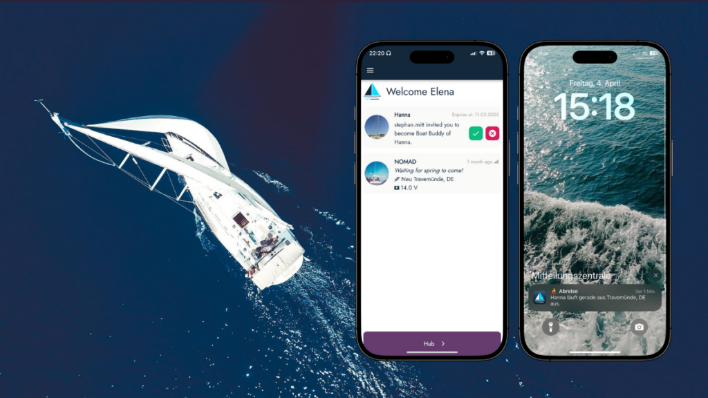 iPhone mockups displaying the Smartboatia Boat Buddies feature, in the Smartboatia Subscription, including departure notifications and buddy requests, with a sailing yacht in open water in the background.