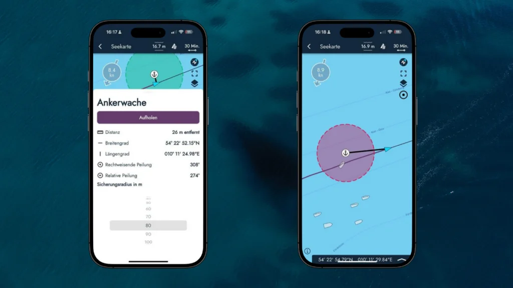 Two screenshots of the anchor alarm feature in the Smartboatia app, showing real-time GPS tracking, safety radius settings, and visual drift monitoring on the nautical chart.