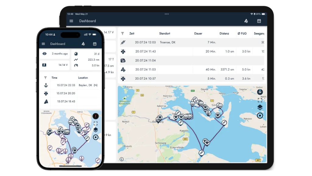 Smartboatia digitale Logbuchansicht auf Smartphone und Tablet mit detaillierten Segelrouten, Zeitstempeln, Geschwindigkeit und automatischen Einträgen basierend auf GPS-Daten.