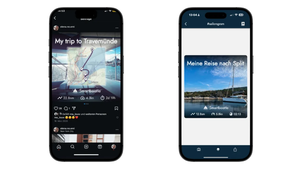 Zwei iPhone-Mockups, die die Reise-Sharing-Funktion „Sailorsgram“ von Smartboatia zeigen: Der linke Bildschirm ist ein Instagram-ähnlicher Beitrag mit dem Titel „Meine Reise nach Travemünde“ mit einer Karte und Statistiken (22,8 Seemeilen, 4,3 Knoten, 2 Tage 19 Stunden), und der rechte Bildschirm zeigt „Meine Reise nach Split“ mit einer ähnlichen Kartenansicht und Reisestatistiken.