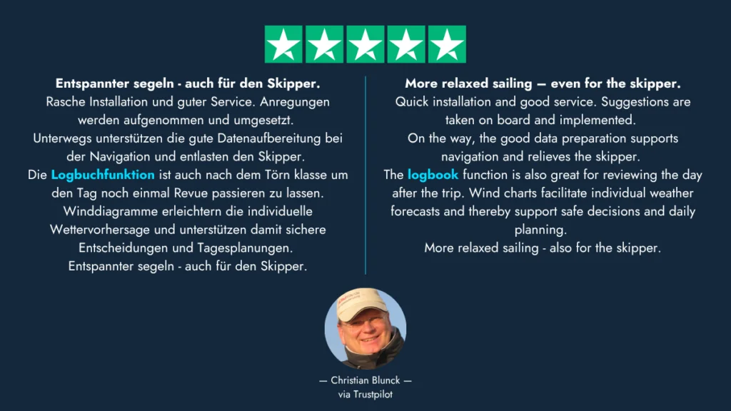 Screenshot einer Fünf-Sterne-Bewertung für Smartboatia Logbook auf Trustpilot in Deutsch und Englisch.
